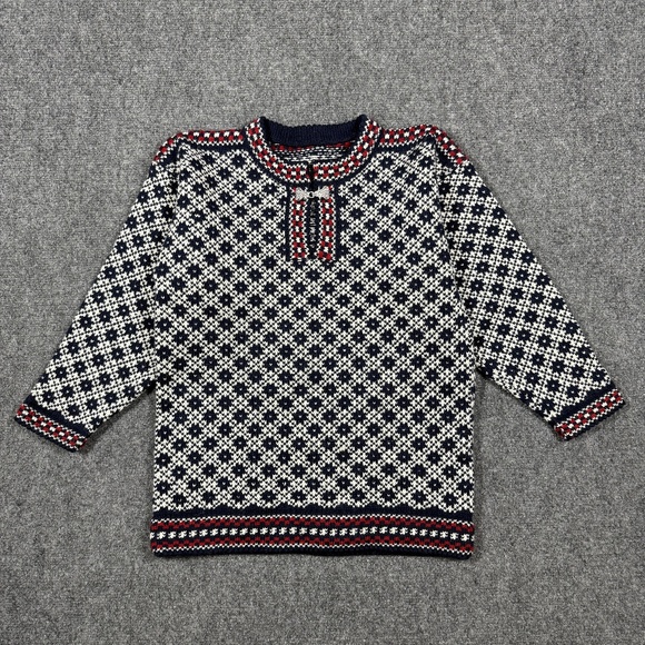 Vintage Fair Isle Wool Sweater w Pewter Hooks Blue Red Womens Size Small 0434 - Picture 1 of 9